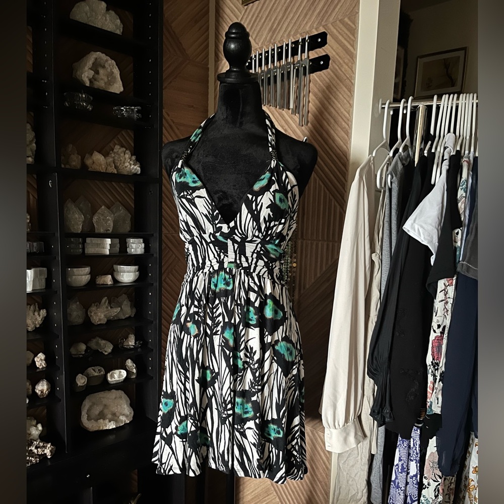 Vintage Express Black White Peacock Tribal Teal Print Halter Dress- early 2000’s